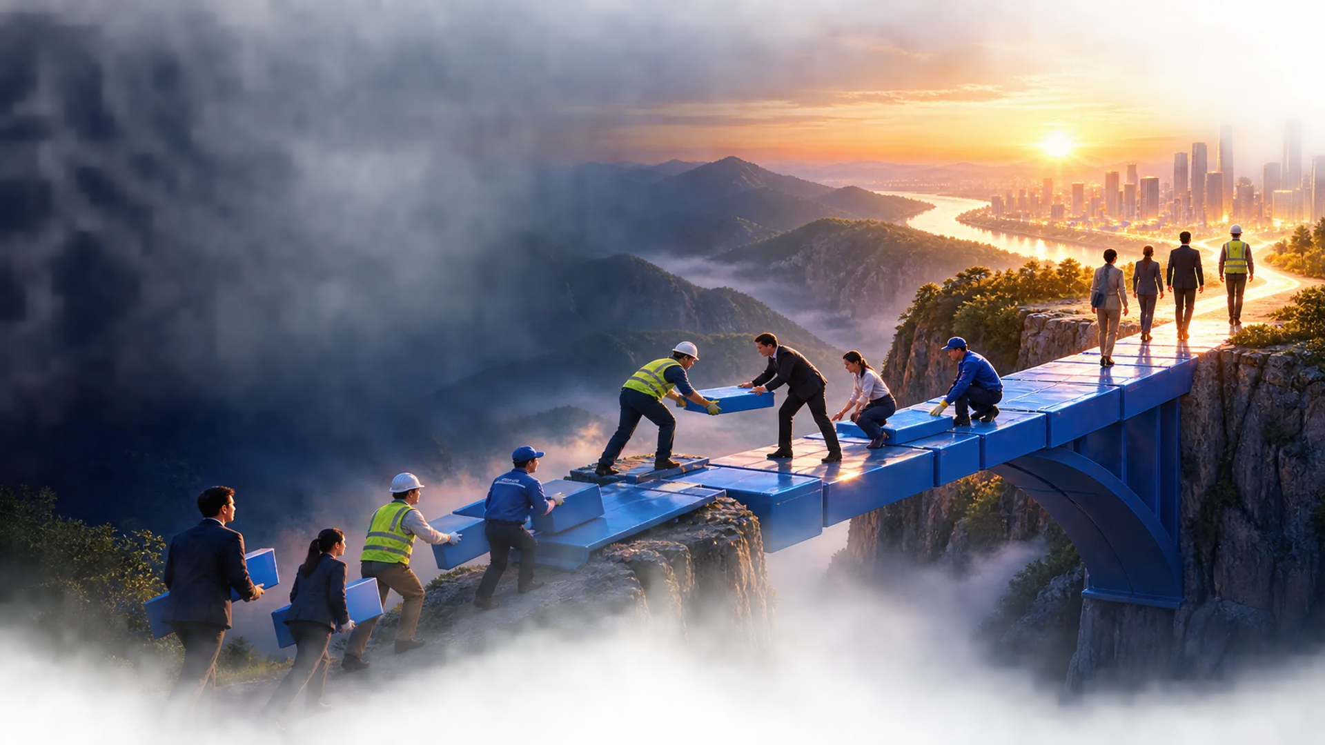 人们协力搭建跨越山谷的桥梁，通向晨光中的城市